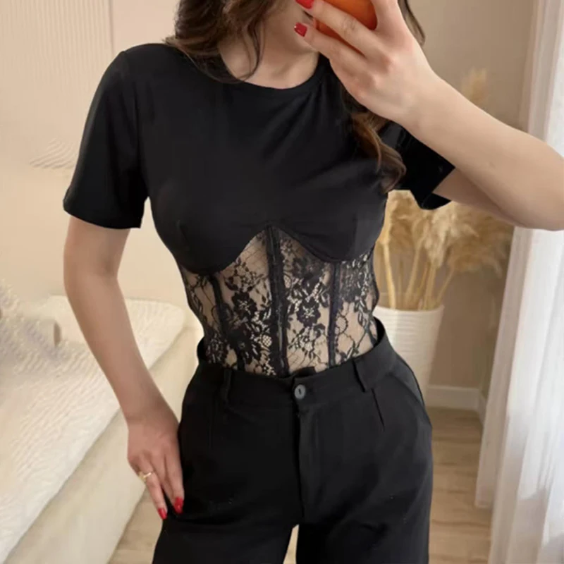 OMSJ 2026 Summer Sexy Elegant Fishbone Lace Splicing Strappy Slim Fit Casual Short Sleeve Crew Neck See-through Pullover T-shirt