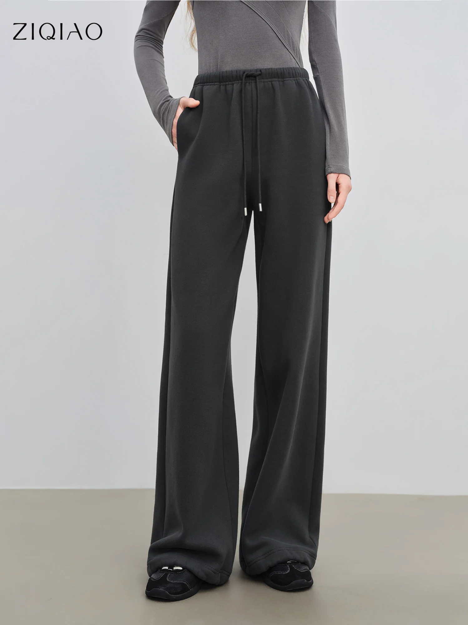 ZIQIAO الأشعة تحت الحمراء البعيدة التدفئة مرونة الخصر معزول سراويل تقليدية للنساء الصغيرات 2025 شتاء جديد وصول السراويل الطويلة رمادي عميق #1