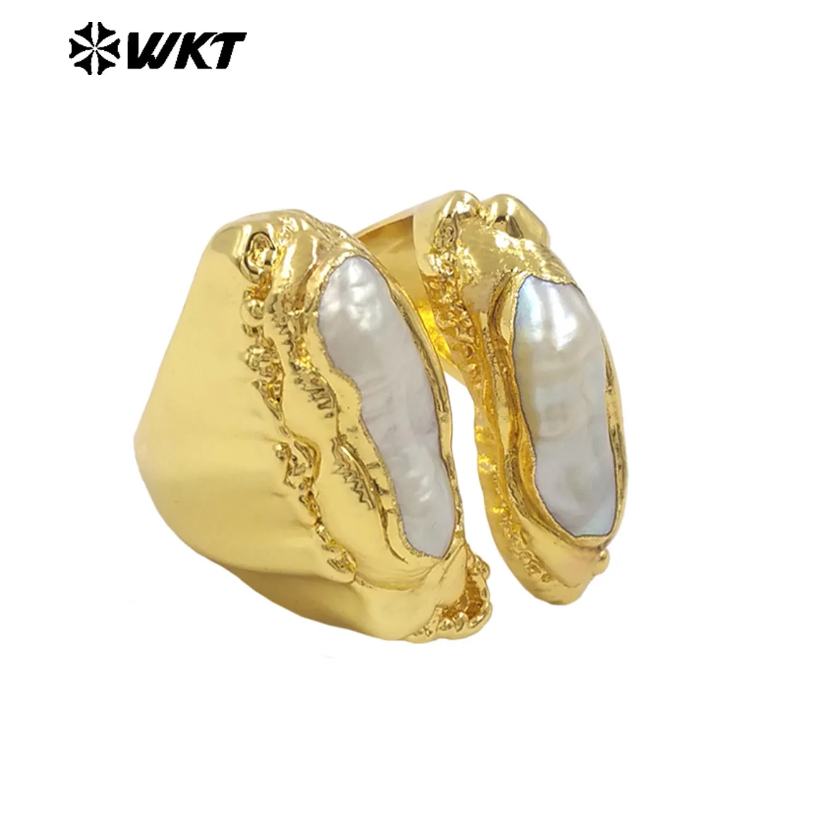 WT-MPR108 Natural Stone Quartz And Freshwater Pearl Exaggerate Design 18k Gold Plating Adjustable Ring For Party Jewelry