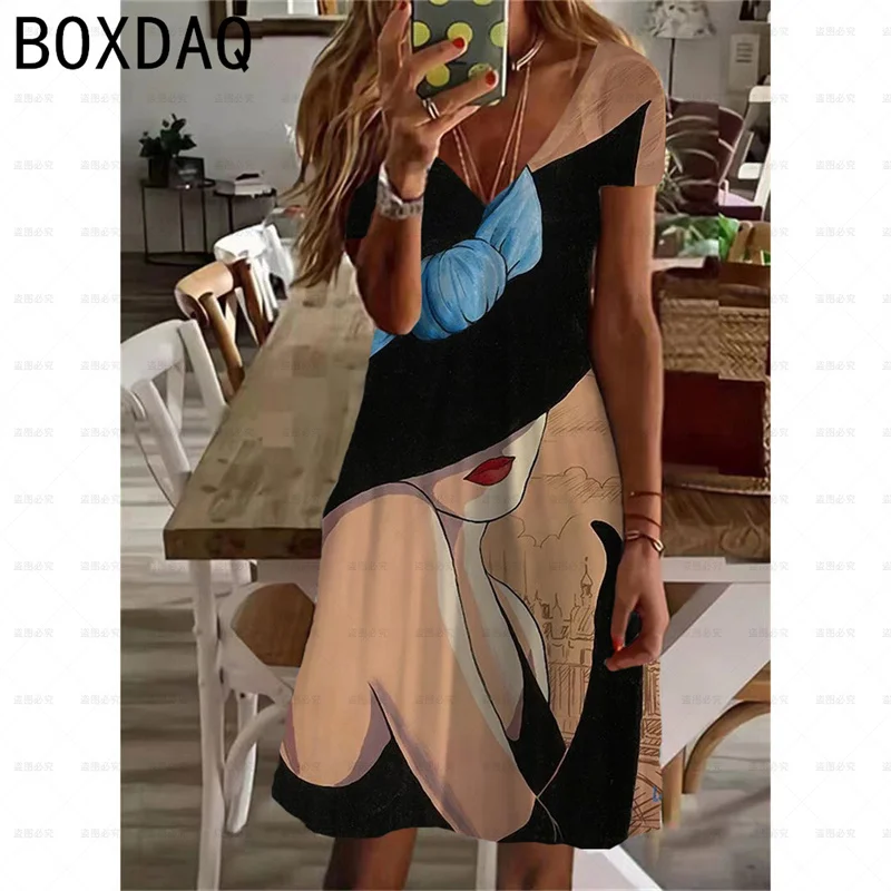 3D Abstract Facial Print Dress Women's Elegant Vintage Casual Knee-Length Dress Oversized Sexy V Neck Short Sleeve A-Line Dress