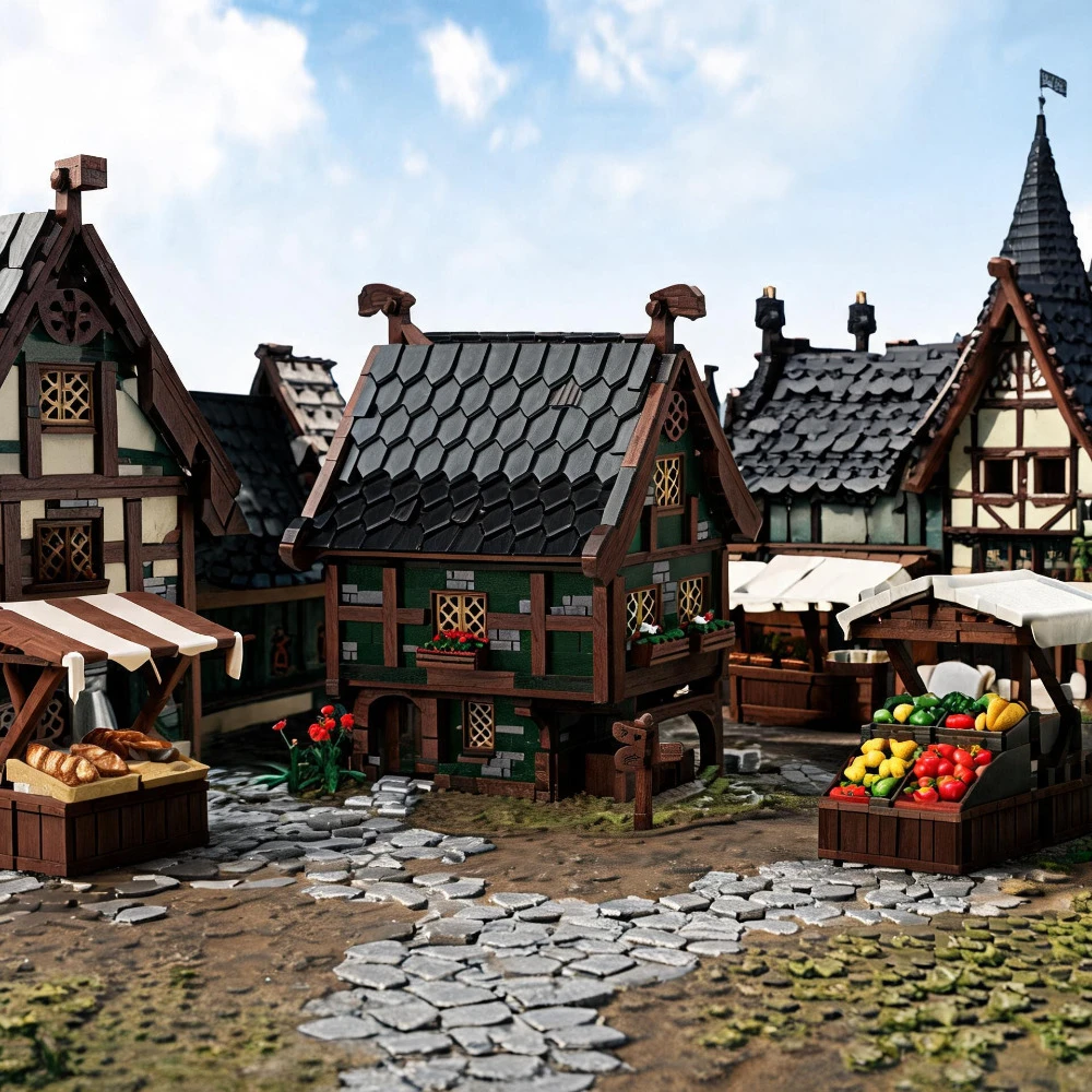 Vintage Medieval European Shop MOC Blocks,Half-Timbered Rural Cottage with Flower Box Window Retro Architecture Scene Tabletop
