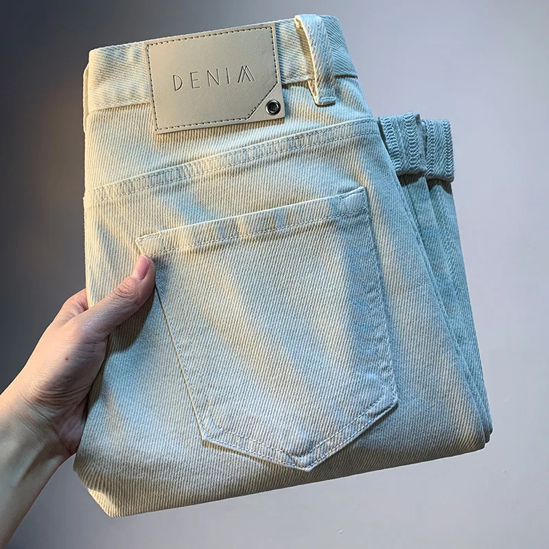 

2025 Summer Thin Rice White Jeans Men's Korean Edition Micro Ha Small Straight Foot Casual Simple Denim Men's Pants