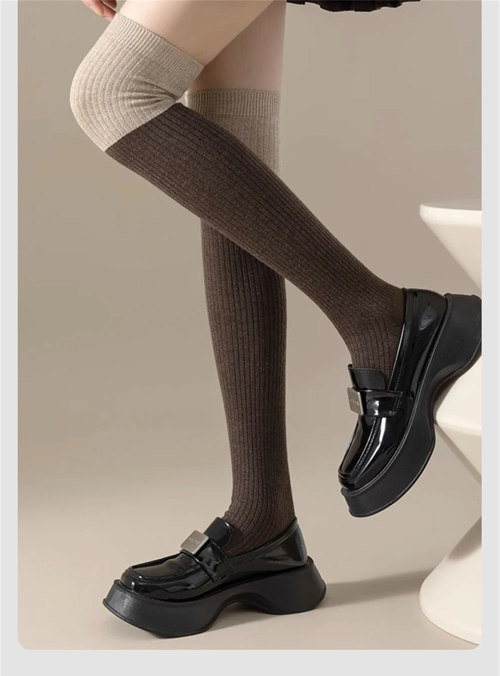 2 Pairs Female Thick Plus Velvet Warmth Wool Over-the-knee Sock Autumn Winter Non-slip Lengthened Color Matching Long-tube Socks