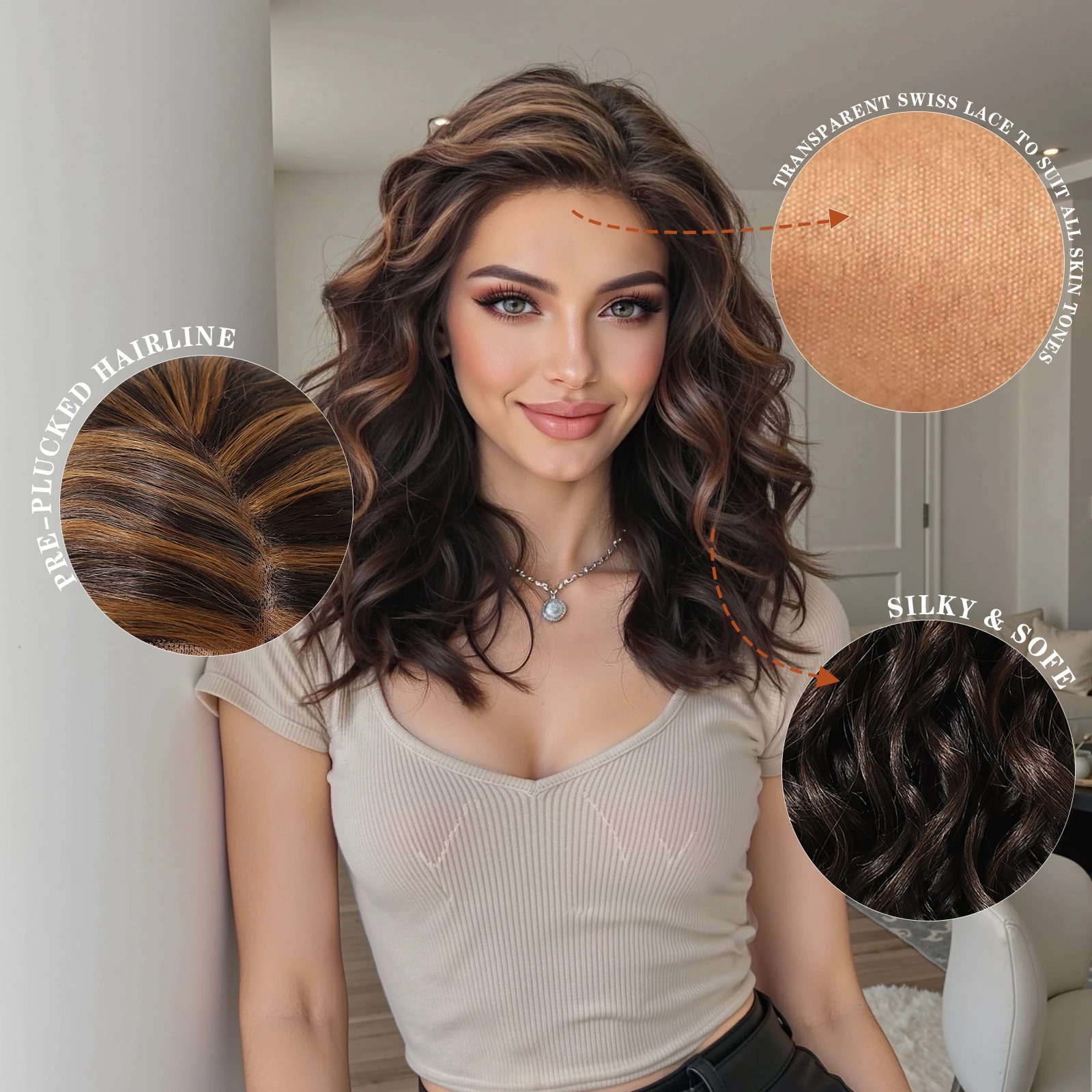 HENRY MARGU 13*5 Parrucca Anteriore Del Merletto Marrone Evidenziare Ricci Parrucche Sintetiche Dei Capelli per Le Donne Quotidiano Breve Ondulato Capelli Finti Parrucca Frontale Del Merletto