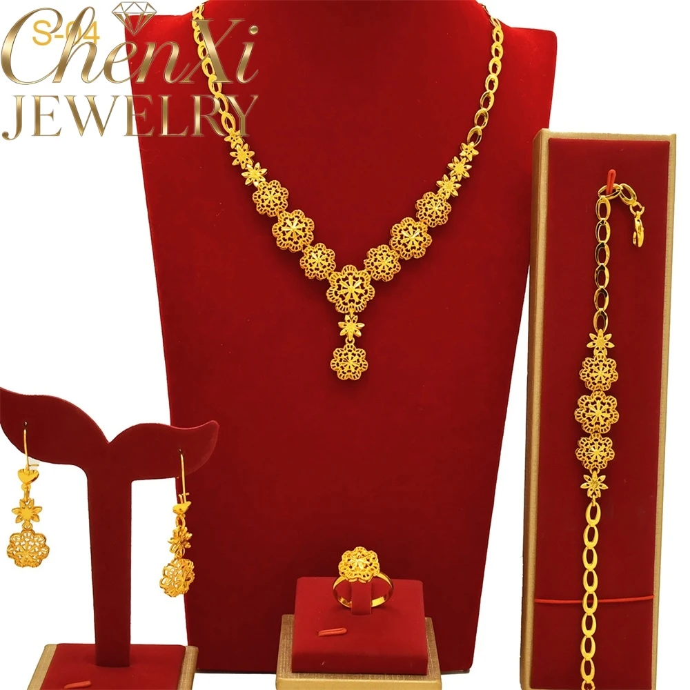 High-End Luxury Elegant Alluvial Gold Fashion Popular Jewelry Set Women Wedding Party Banquet Necklace Earrings Ring 4pcs Gift