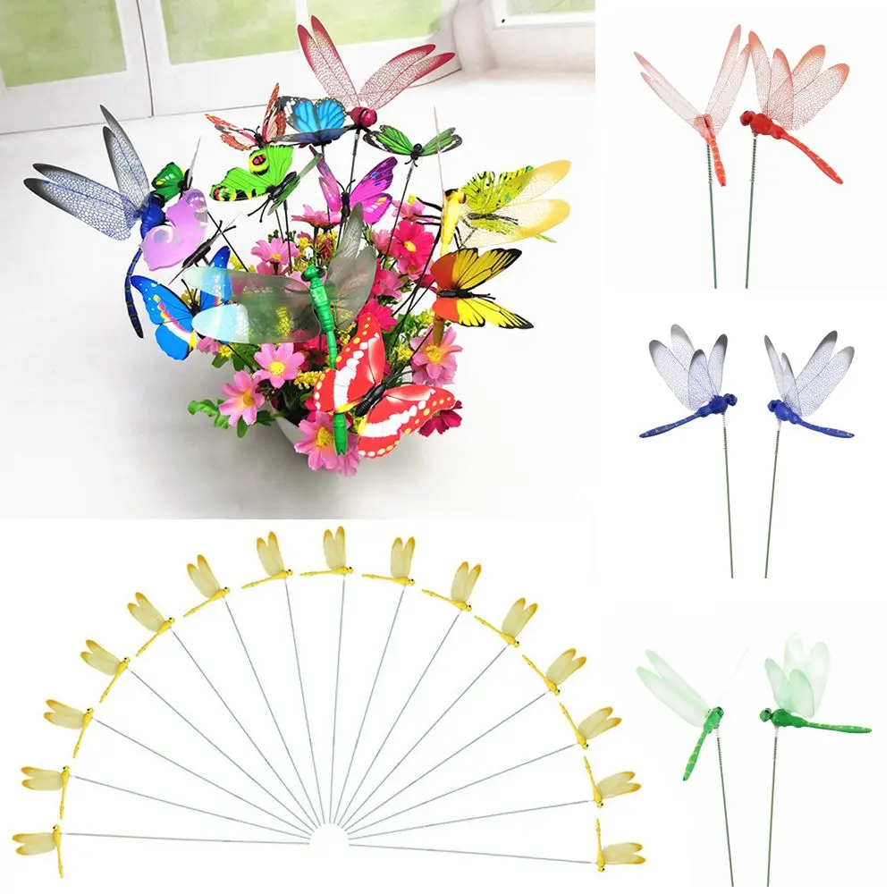 5/10PCS Handicraft Yard Garden Decor Artificial Dragonfly Simulation Butterfly Thin Stick With Stem