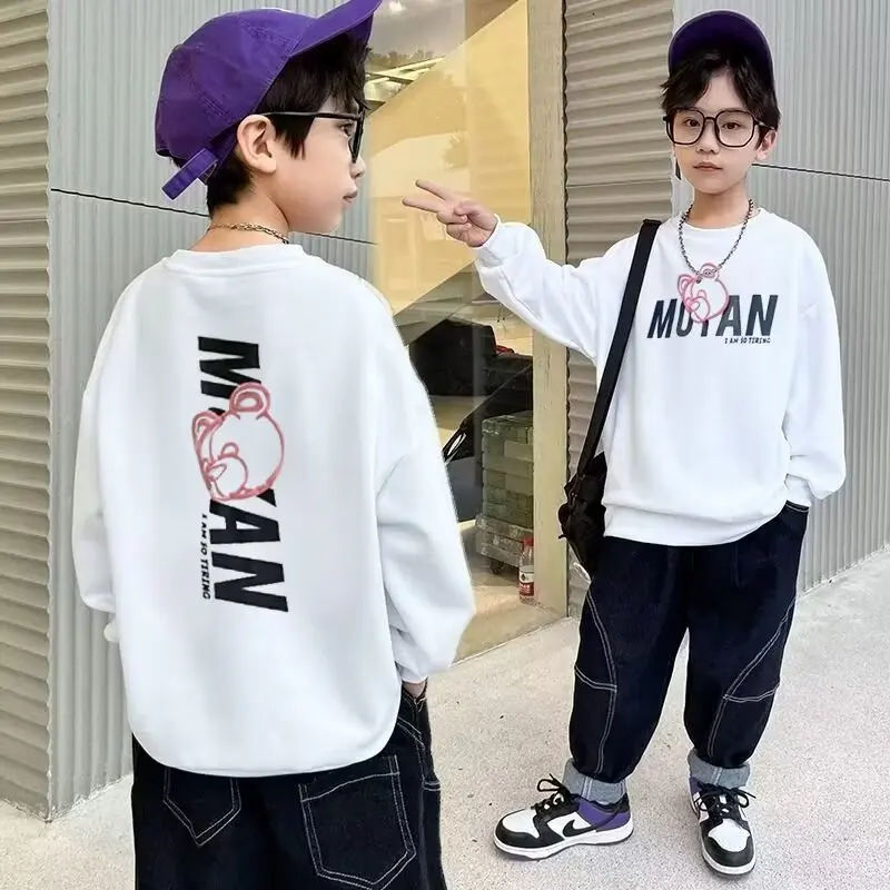 100% Pure Cotton Boys\' Gray Sweatshirts Sports Shirt Autumn New Letter Graphic Top Korean Casual Children\'s Long Sleeved T-shirt