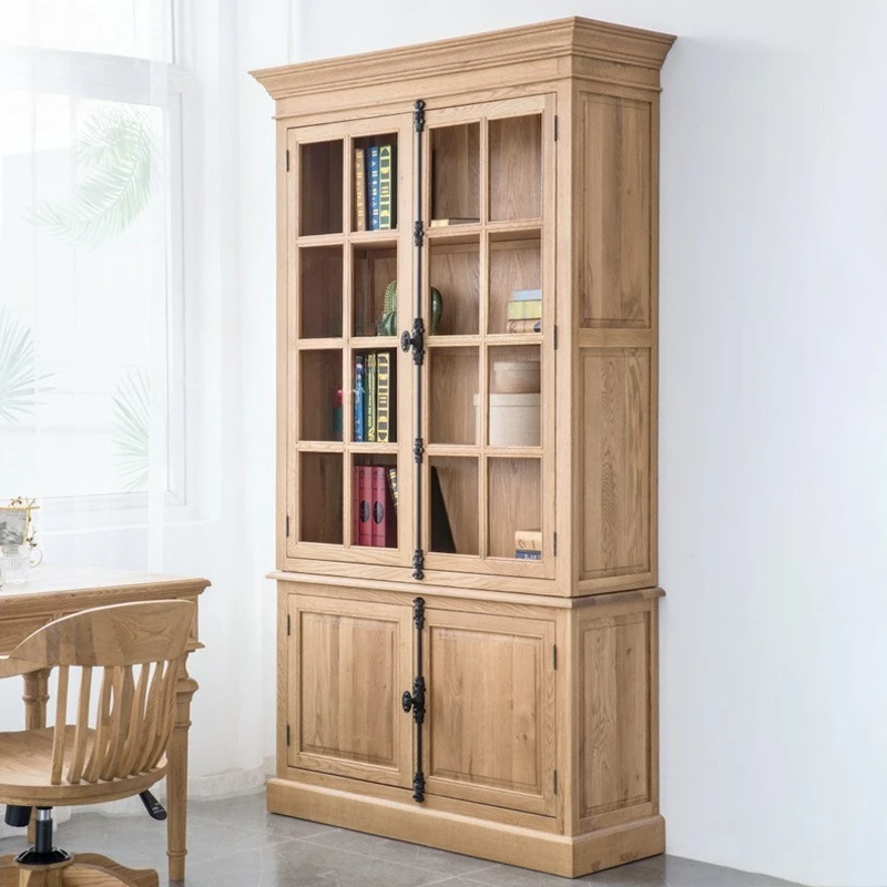 Solid wood oak American  wood dining side cupboard, solid wood bookcase, heaven and earth lock bookcase, glass door bookcase