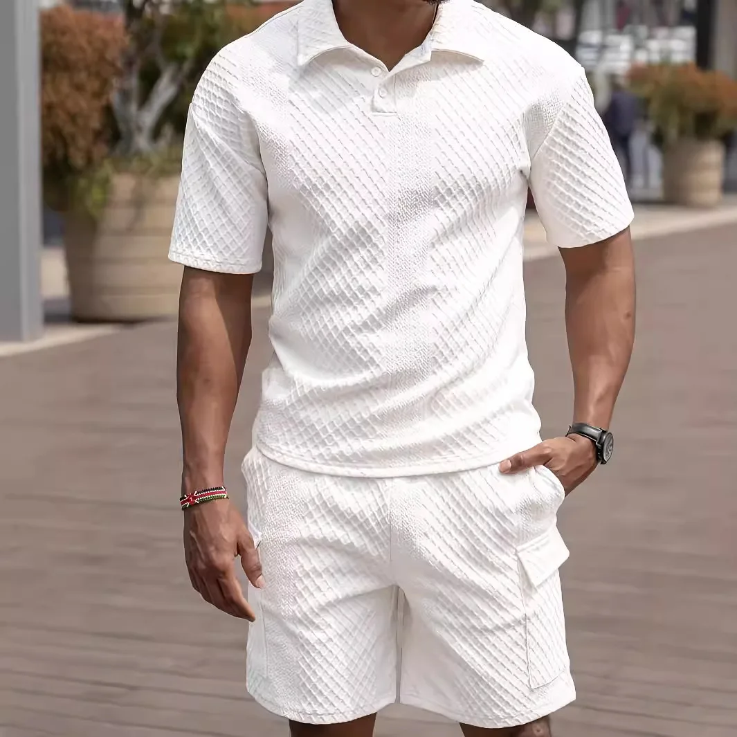 

American New Fashion Summer Men's White Solid Color Casual Trendy 2 Piece Sets Turn-down Collar Polo Shirts Knee Length Shorts