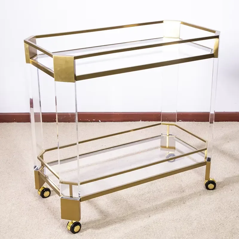 Gold Rolling Bar Cart with Acrylic Glass Shelves 2 Tier Beverage Service Trolley for Hotel Home Kitchen Food Drink Display