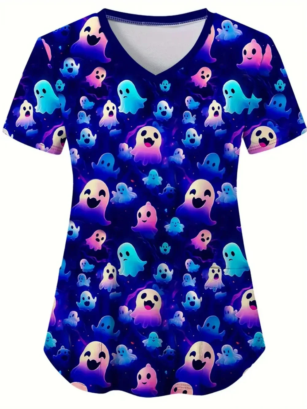 Uniformes médicaux de la série Halloween 2025 pour femmes, hauts à poches à col en v, confortable, dentiste, vétérinaire, manches courtes, uniforme de santé pour femmes