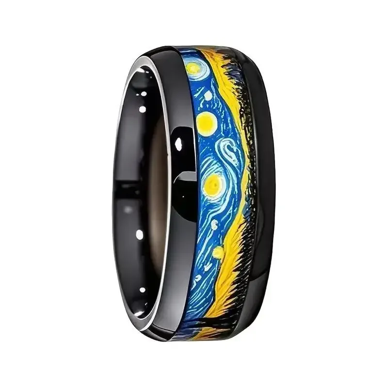Unique Starry Night Pattern Men's Black Ring Personality Women Wedding Band Jewelry Unisex Party Accessories