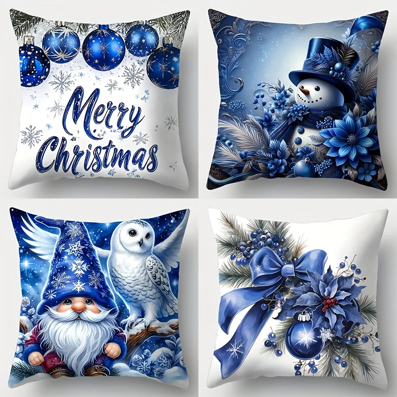 Juego  fundas  almohada  4 piezas con tema naviño azul, que incluye diseños  hombre  nieve azul, gnomo, águila y bol