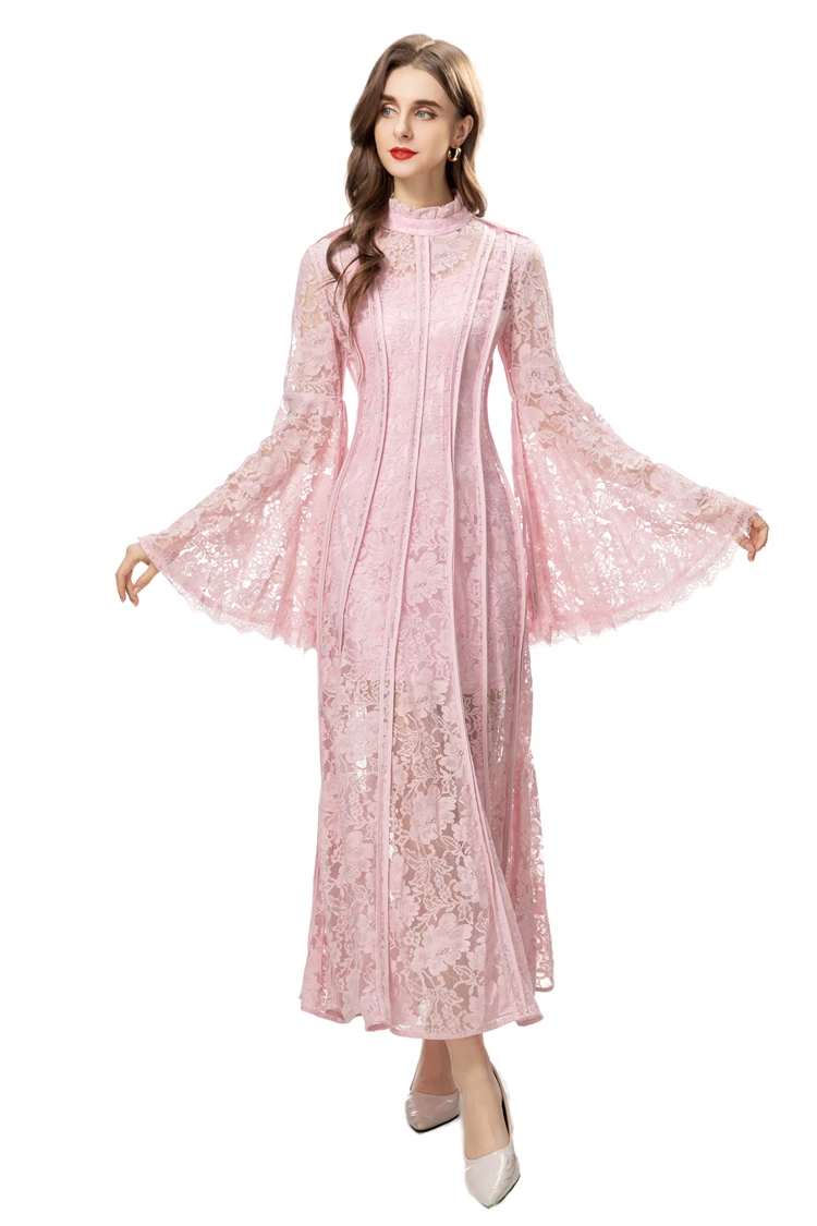 Women\'s Runway Dresses Stand Collar Flare Long Sleeves Embroidery Elegant Fashion Party Prom Gown