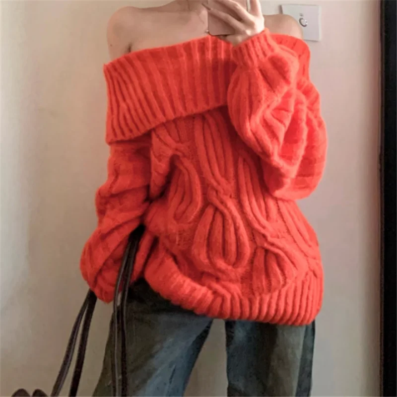 عيد الميلاد الأحمر كسول نمط المعتاد مائل الرقبة فضفاضة طويلة سترة البلوز خريف جديد كم طويل قبالة الكتف محبوك بلوزة كاجوال