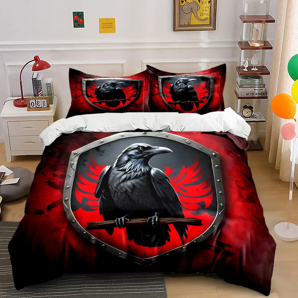 Black Raven Shield Design Print Bedding Set 1 Duvet Cover 2 Pillowcases for Adult and Children Luxury Gift Full Size