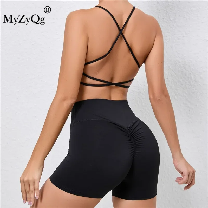 MyZyQg Women Cross Strap Back Bra Peach Butt Shorts Suit Two-piece Yoga Set Running Quick Dry Tight Sports Fitness Wear