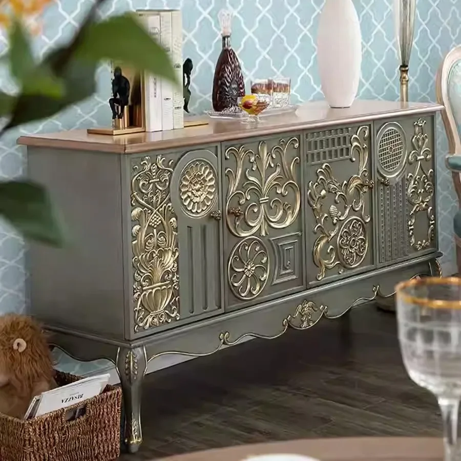 American country neo-classical solid wood sideboard, living room, carved light luxury TV cabinet, retro distressed entryway lock