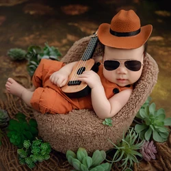 Baby Overalls Newborn Photography Outfit Western Cowboy Style 0-1m Baby Hat+Jumpsuit Guitar Green Succulent Posing Shoot Props