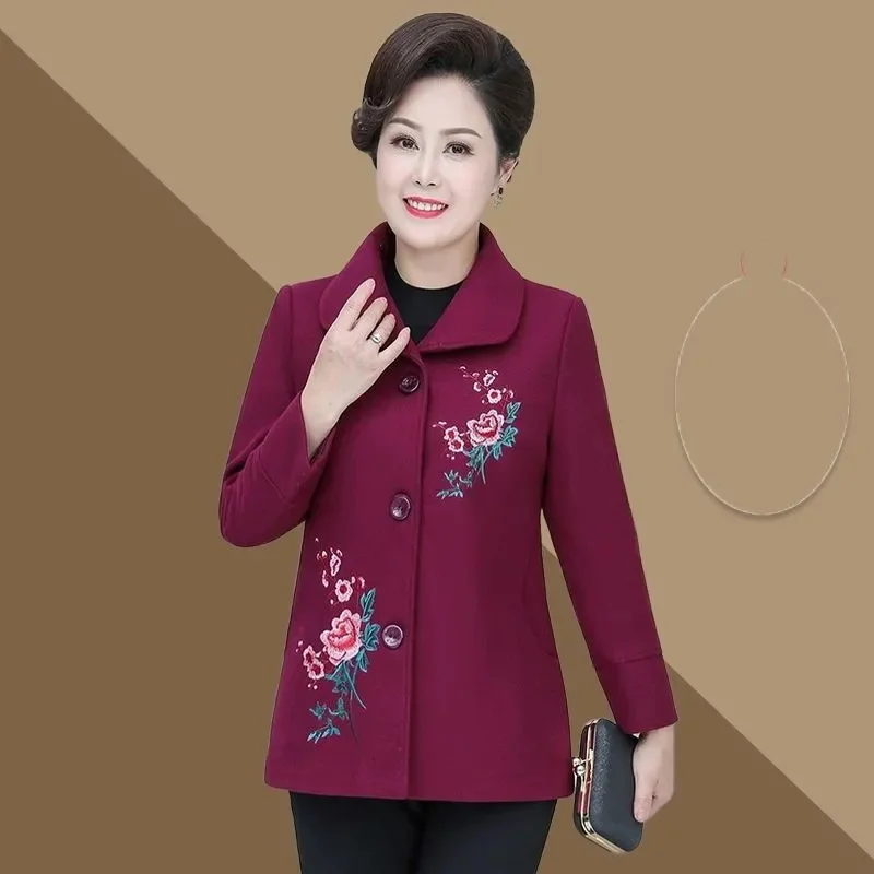

Spring Autumn Lady Solid Color Wool Coat Korean Femme Fashion Woolen Jacket 2025 Middle Aged Mother Large Size 5XL Blend Outwear