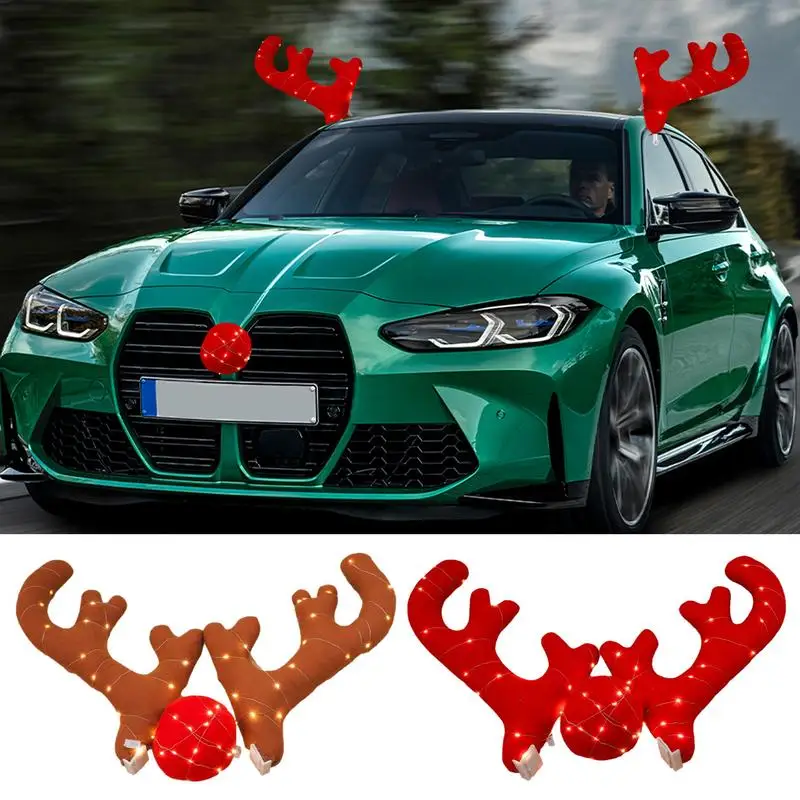 2 Antlers And 1 Nose Cute Car Nose Horn Costume Set Horn And Red Nose Christmas Decor Rudolf Reindeer Christmas Car Accessories