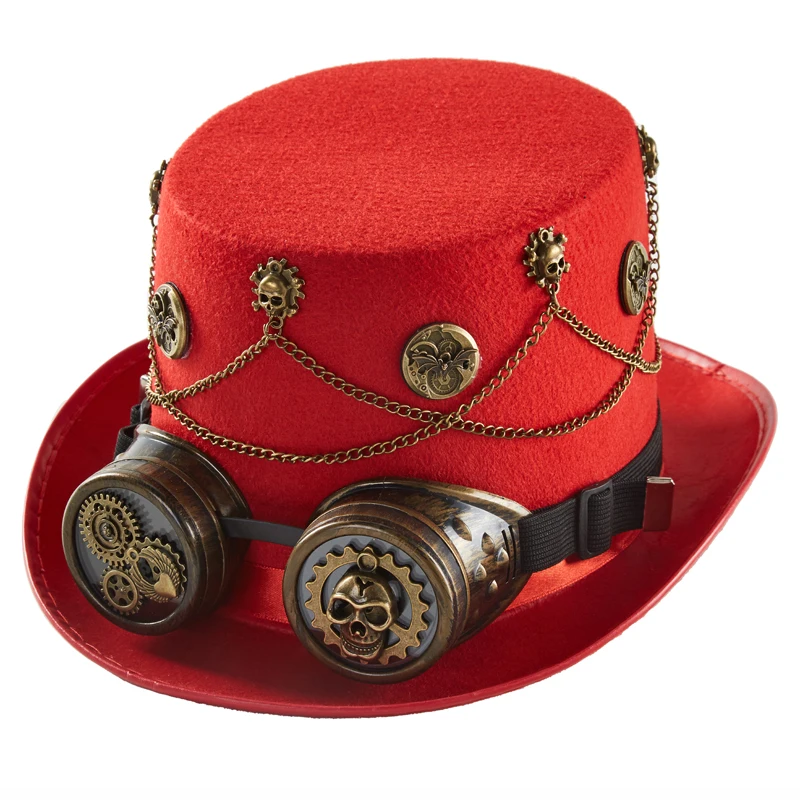 Steampunk Fedora Kapelusz Vintage Retro Zęby Łańcuchy Impreza Cylinder z Goglami Cosplay Halloween Dekoracje Akcesoria do Włosów
