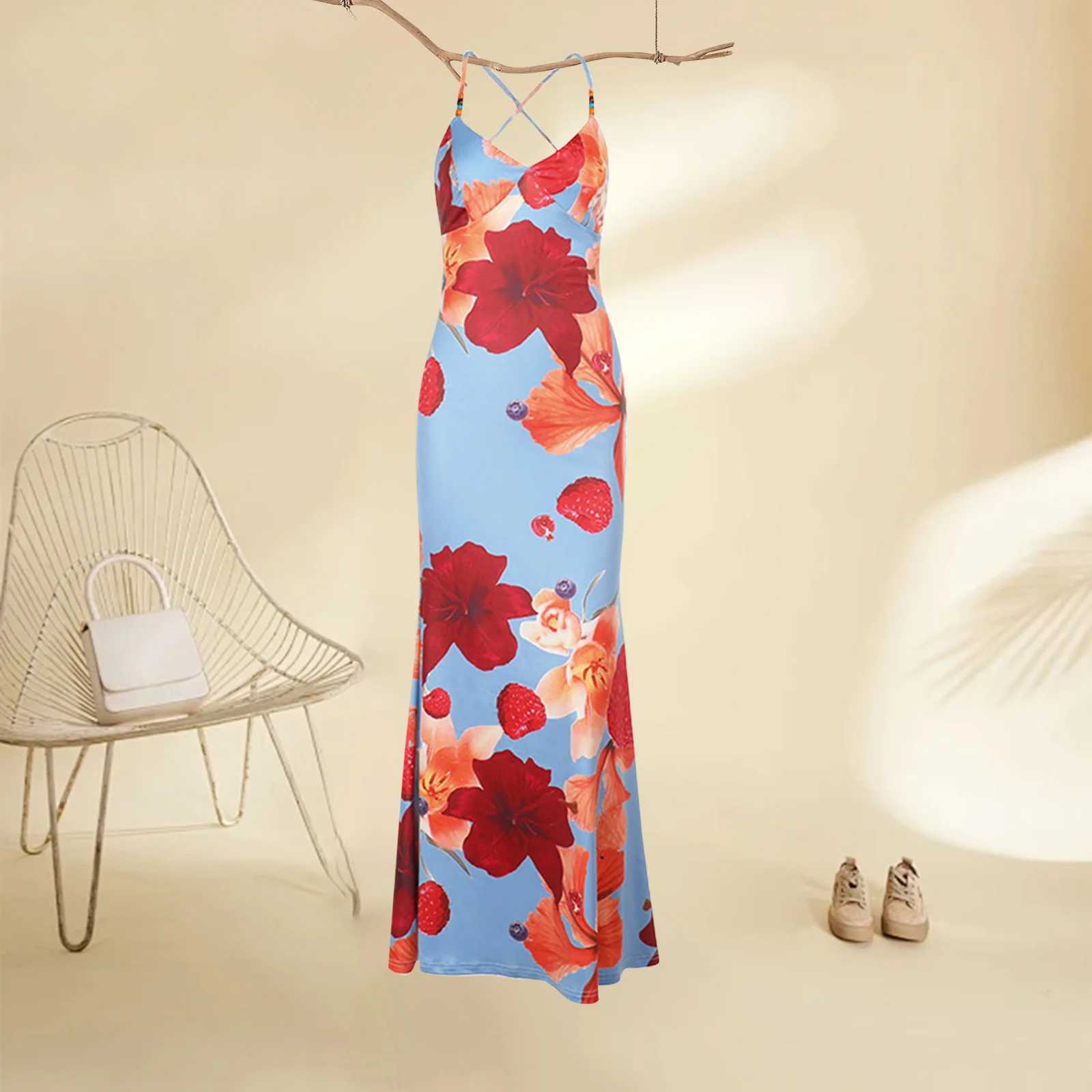 New Womens Floral Print Cami Dress Sleeveless Spaghetti Strap V-Neck Back Cross Slim Long Dress Club Street Style S M L