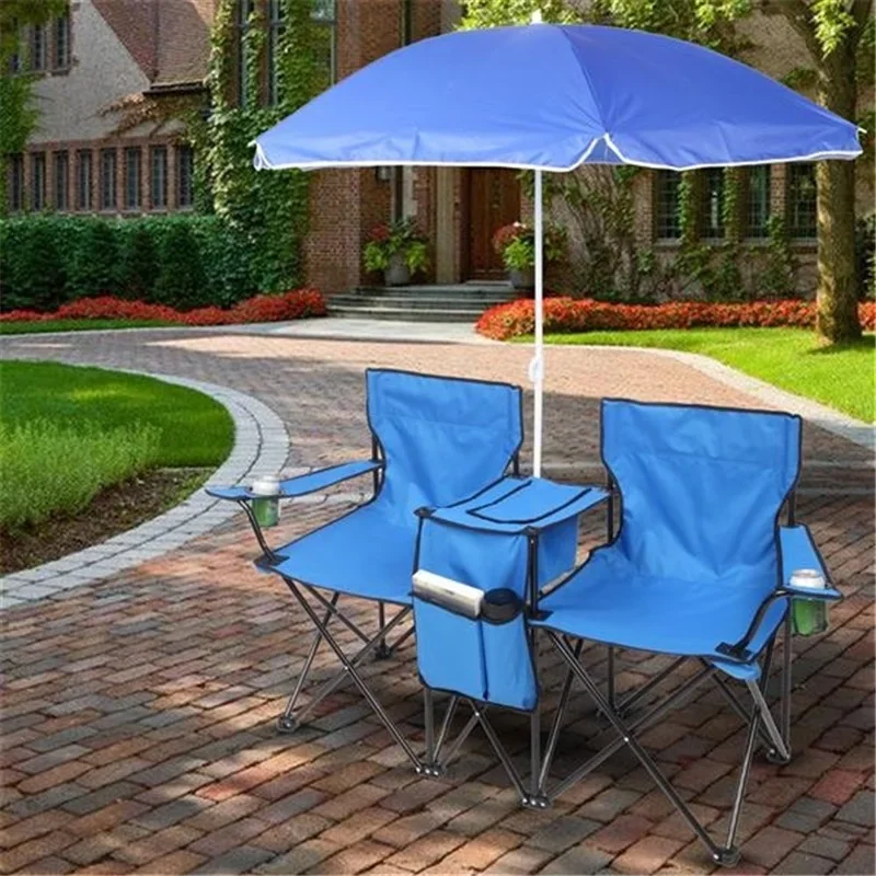 

For Chaise pliante d'extérieur portable 2 places avec parasol amovible bleu
