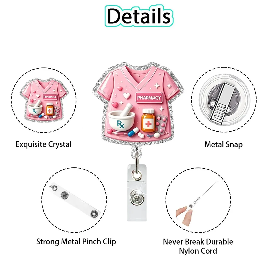 Cute Retractable Dental Uniform Glitter Acrylic Badge Reel, Rotatable Id Holder With Metal Clip For Medical Staff Gifts
