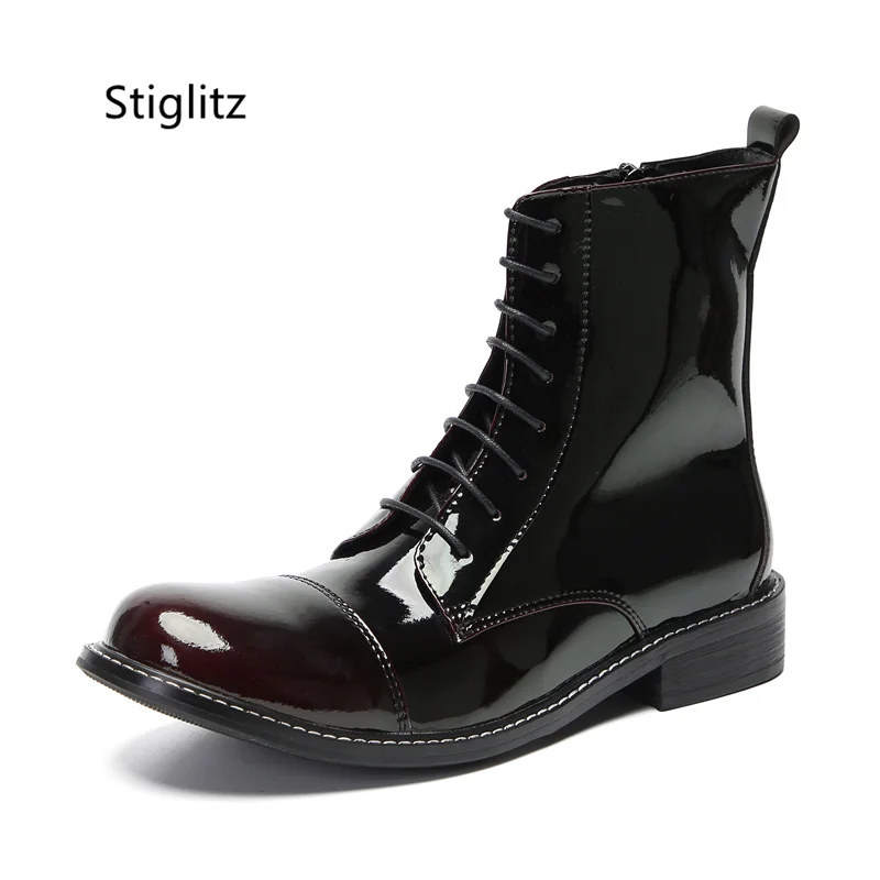 

Round Toe Patent Leather Men's Boots British Style Lace Up Ankle Boots Leather Patchwork Med Heel Wear-Resistant Male Shoes