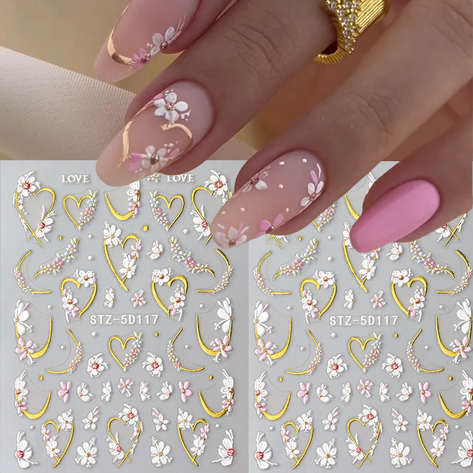 2 قطعة 5D تنقش الأزهار ملصقات الأظافر-الذهبي الحب القلب زهرة تصاميم الشارات ذاتية اللصق DIY بها بنفسك مانيكير مسمار الديكور