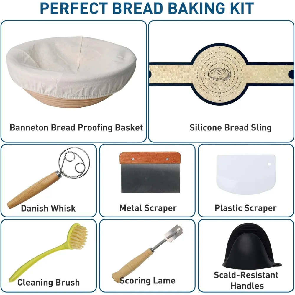 فرن خبز من الحديد الزهر للخبز، وعاء فرن هولندي متعدد الوظائف 6QT مع غطاء، يتضمن سلة التدقيق، حبال السيليكون والعجين مع