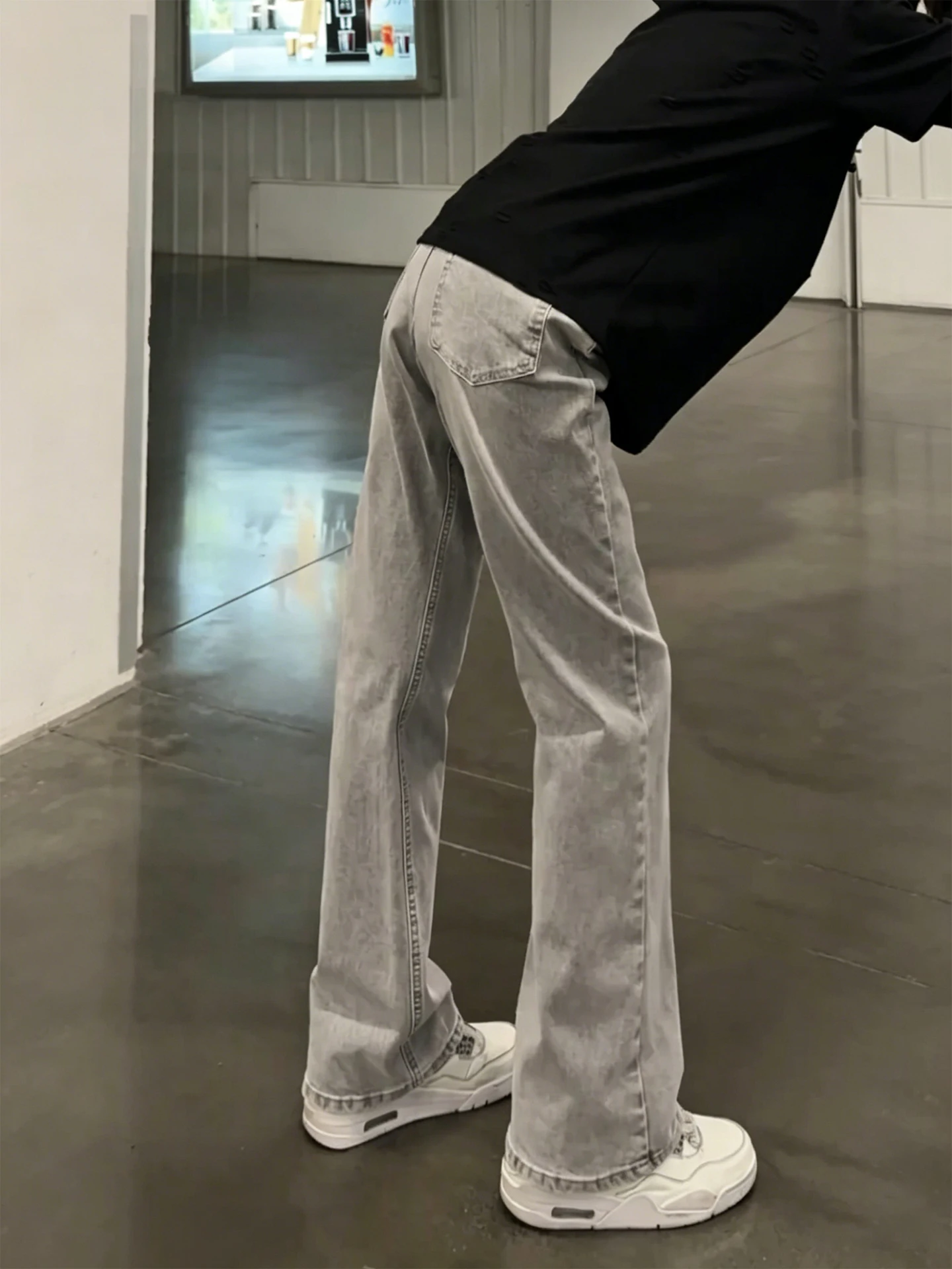 

American Style Cement Grey Slim Fit Extended Length Men's Jeans High Street Fashion Leg Lengthening Bootcut Cleanfit Denim