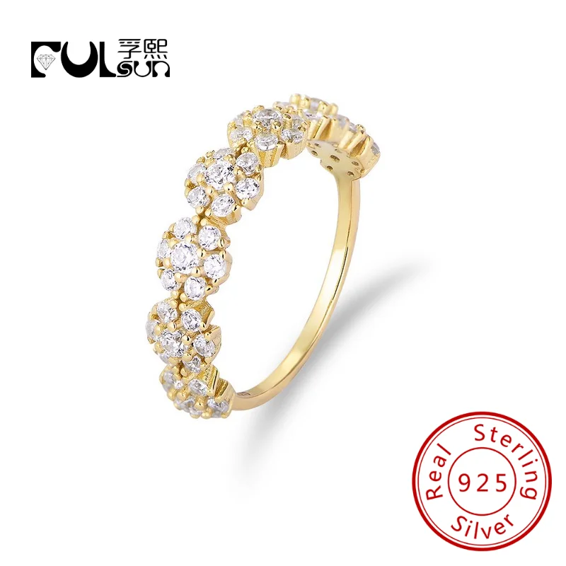 

Fulsun fancy bling flowers Jewellery S925 Sterling silver 14k gold plated Cubic Zircon Round Engagement Bands rings for women