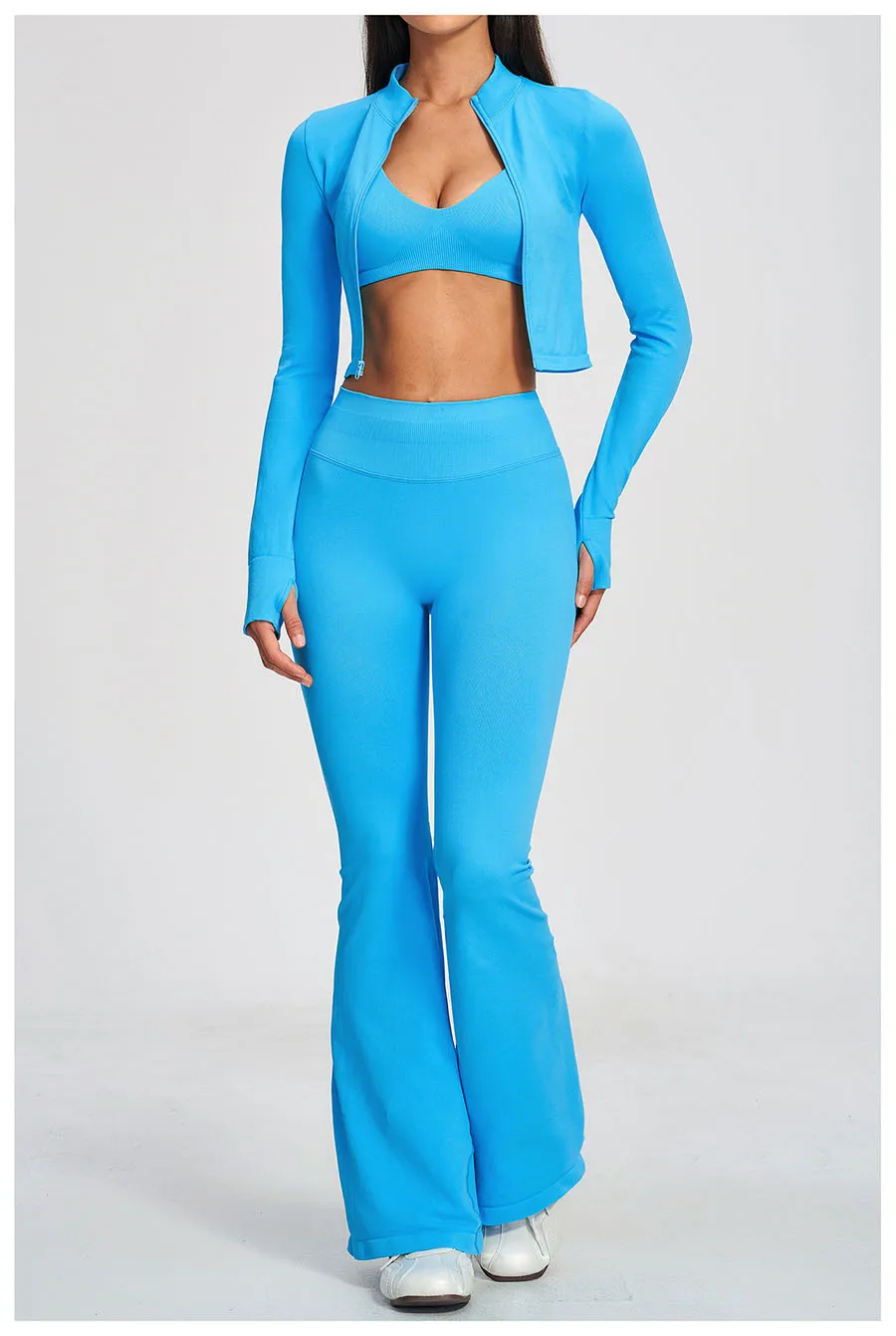 Damen-Trainingsanzug 3-teilig, Yoga-Anzug, nahtloses Sportset, ausgestellte Leggings, Fitness- und Laufoutfit, langärmelige Sportjacke, Yoga-Bekleidung – Detail 5