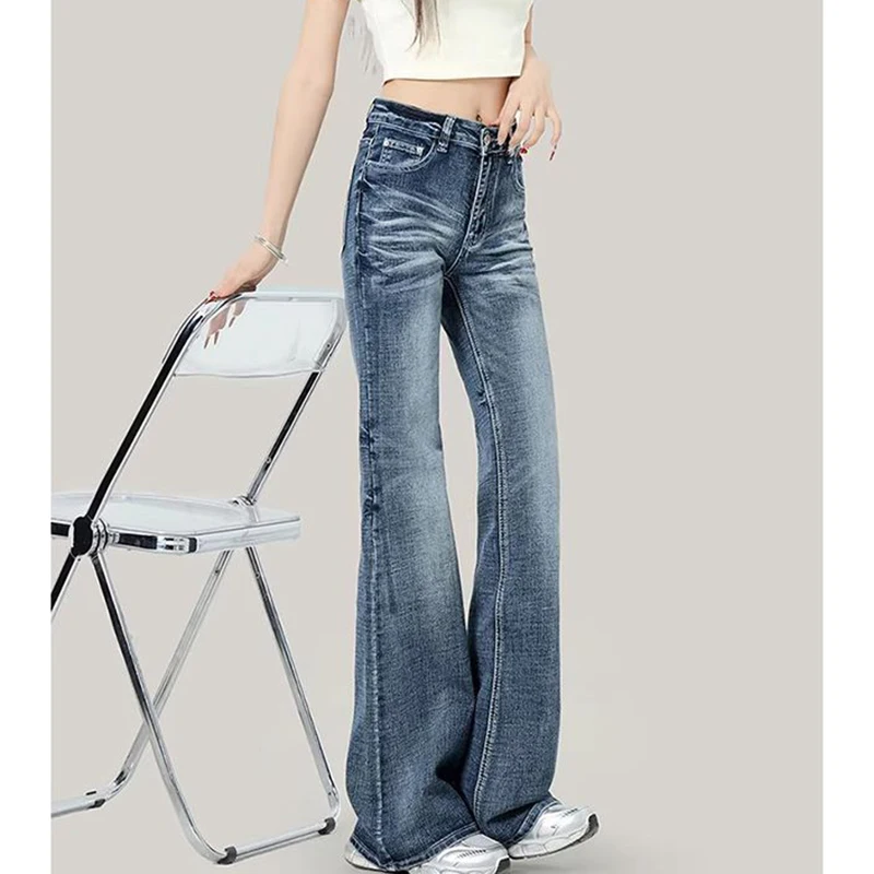 Girls Blue Straight Leg Flared Jeans Women Fashion High Waist Denim Pants Female Chic Retro Designer Leisure Trousers
