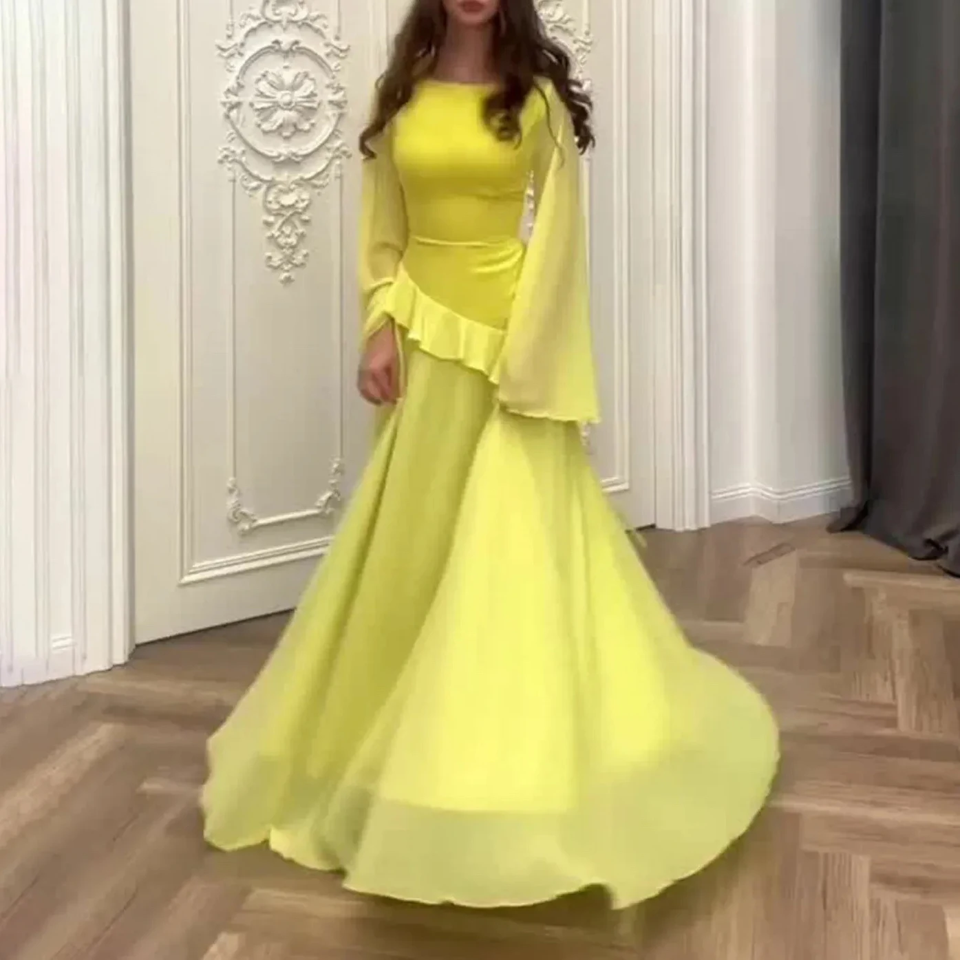

Saudi Arabic Yellow Prom Dresses Long sleeves Chiffon Formal Gowns Customized A-Line Evening Dresses robe de soiree