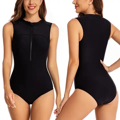 Black Tight Wetsuit Women Bathing Suit Front Zipper Up Diving Surfing Beachwear Summer Female Tummy Control Sunbathing Swimwear