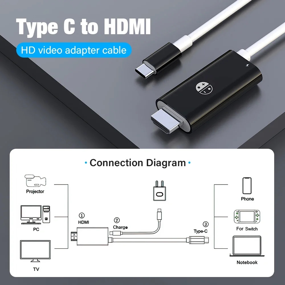 كابل من النوع C إلى HDMI لجهاز نينتندو سويتش مع شحن 4K 1080P 100W PD متوافق مع الكمبيوتر المحمول والكمبيوتر اللوحي والهواتف المحمولة وSteamDeck