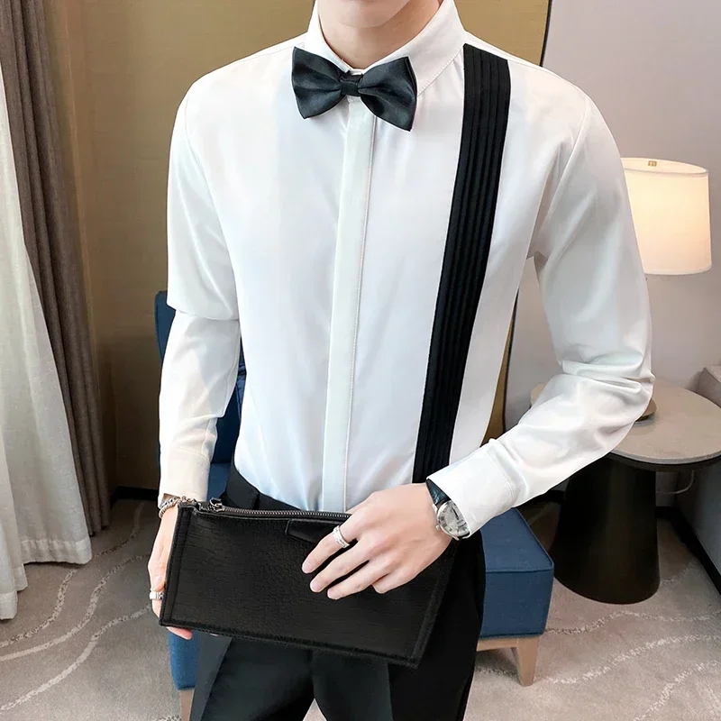 5XL-M Long Sleeved Tuxedo Shirt Men Black White Patchwork Business Casual Mens Dress Shirts Bow Tie Social Blouses Man Plus Size