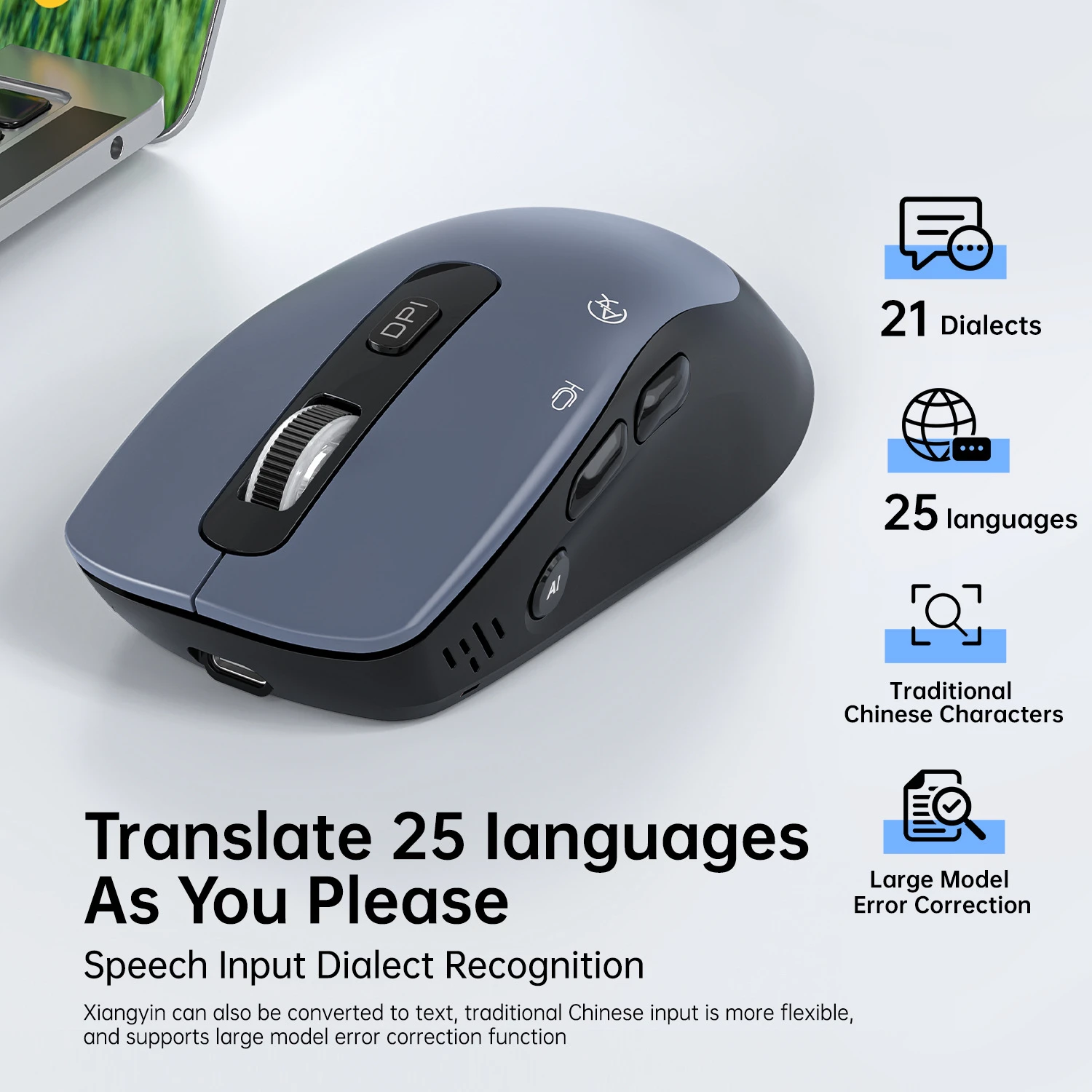 A301 AI Voice Wireless Mouse Bluetooth 2.4G Dual Mode Rechargeable AI Smart Mouse Speech Input Translation for Laptop PC