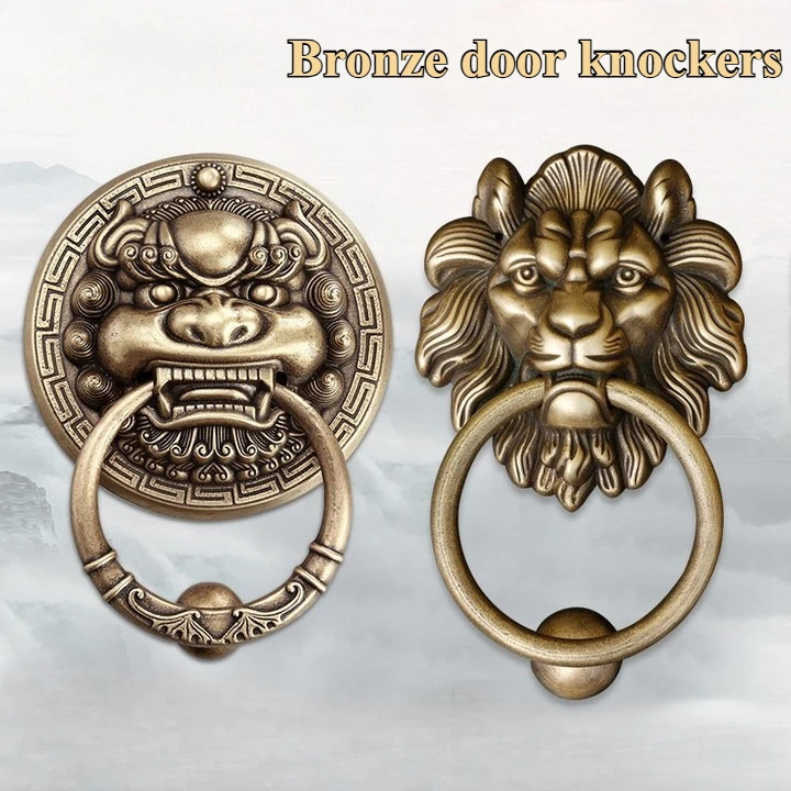 Decorative household double-open door old wooden door lion head antique doors ring beast head handle brass retro  handle