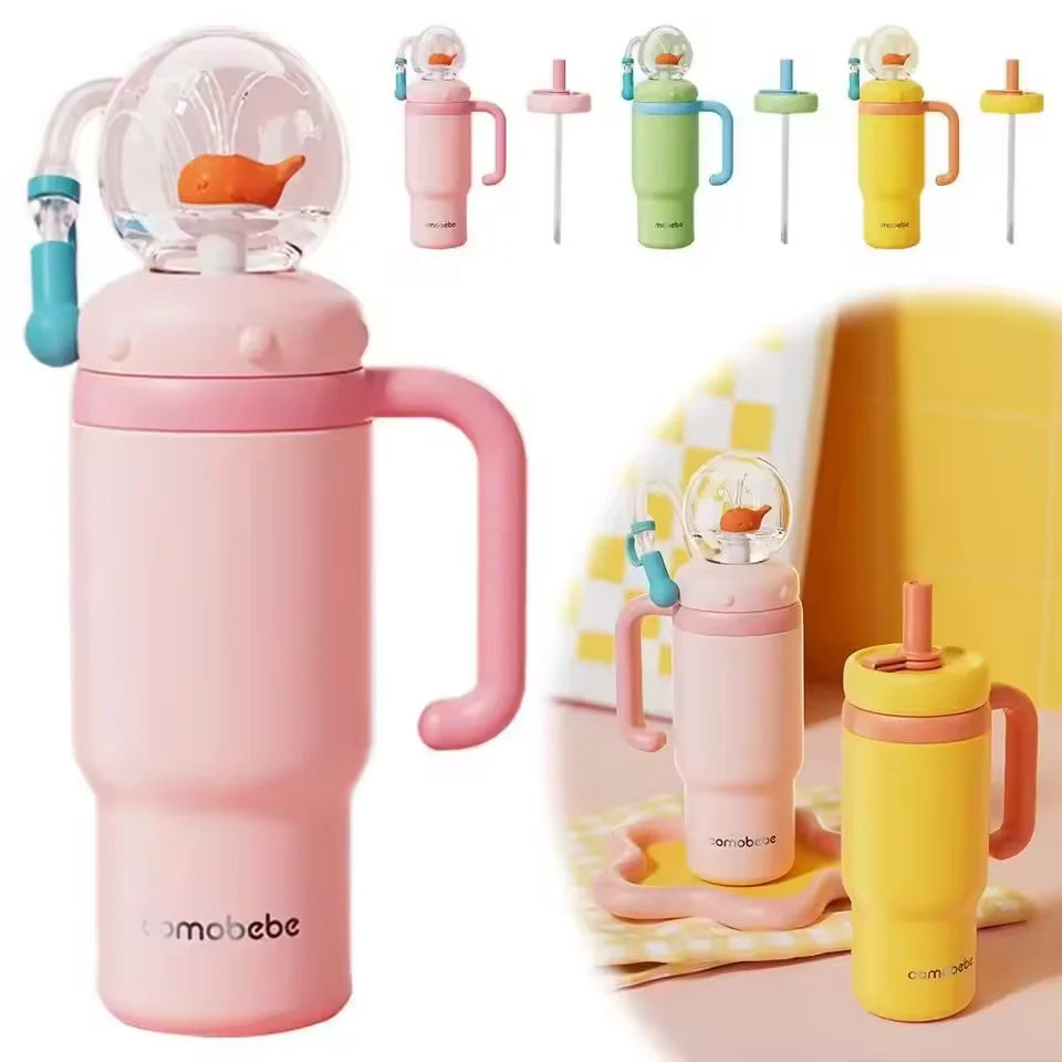 Walbrunnenbecher aus Edelstahl, 710 ml, Strohhalm-Wasserbecher mit Griff, auslaufsichere Wasserflaschen, lustiger Wal-Spritzer-Trinkbecher