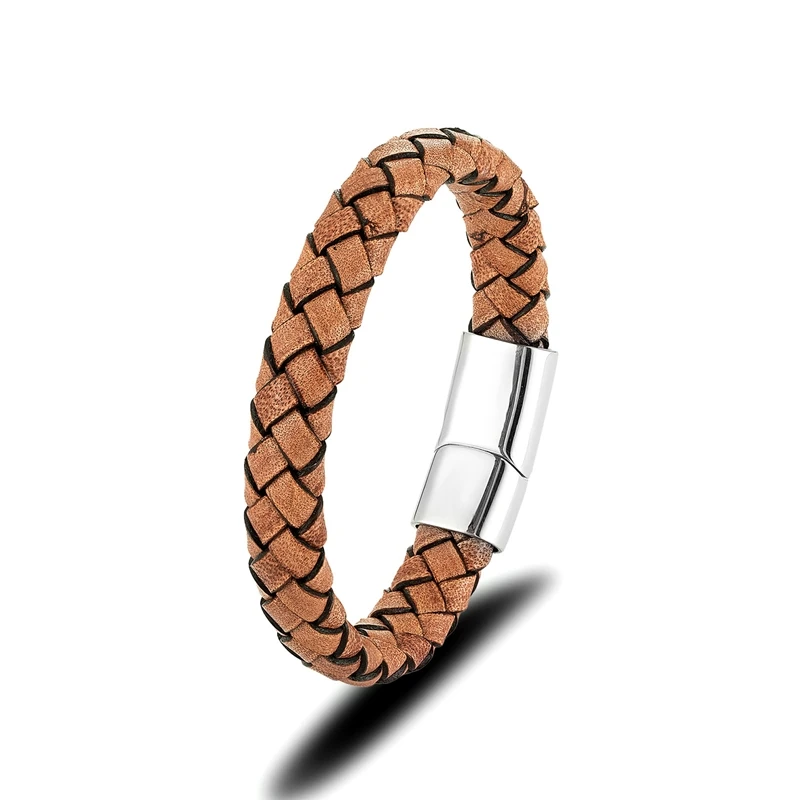 MKENDN Classic Vintage Stainless Steel Buckle Brown Braided Leather Bangle Bracelet Wristband Mens Gifts