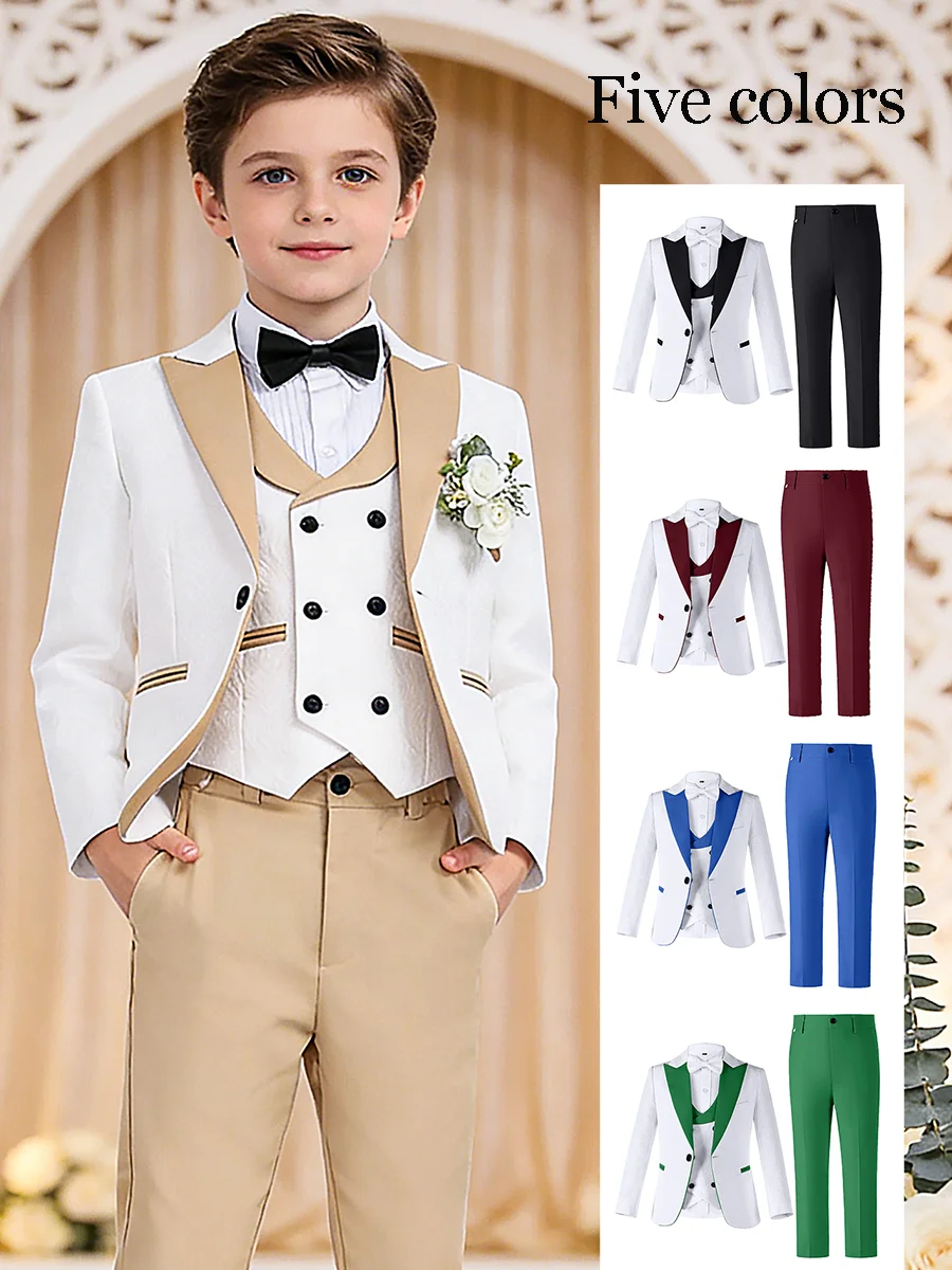 Boy's 3 Piece Peak Lapel Suit Set Blazer Vest Pants Wrinkle Free Polyester Rayon Tuxedo Size 5-16Y