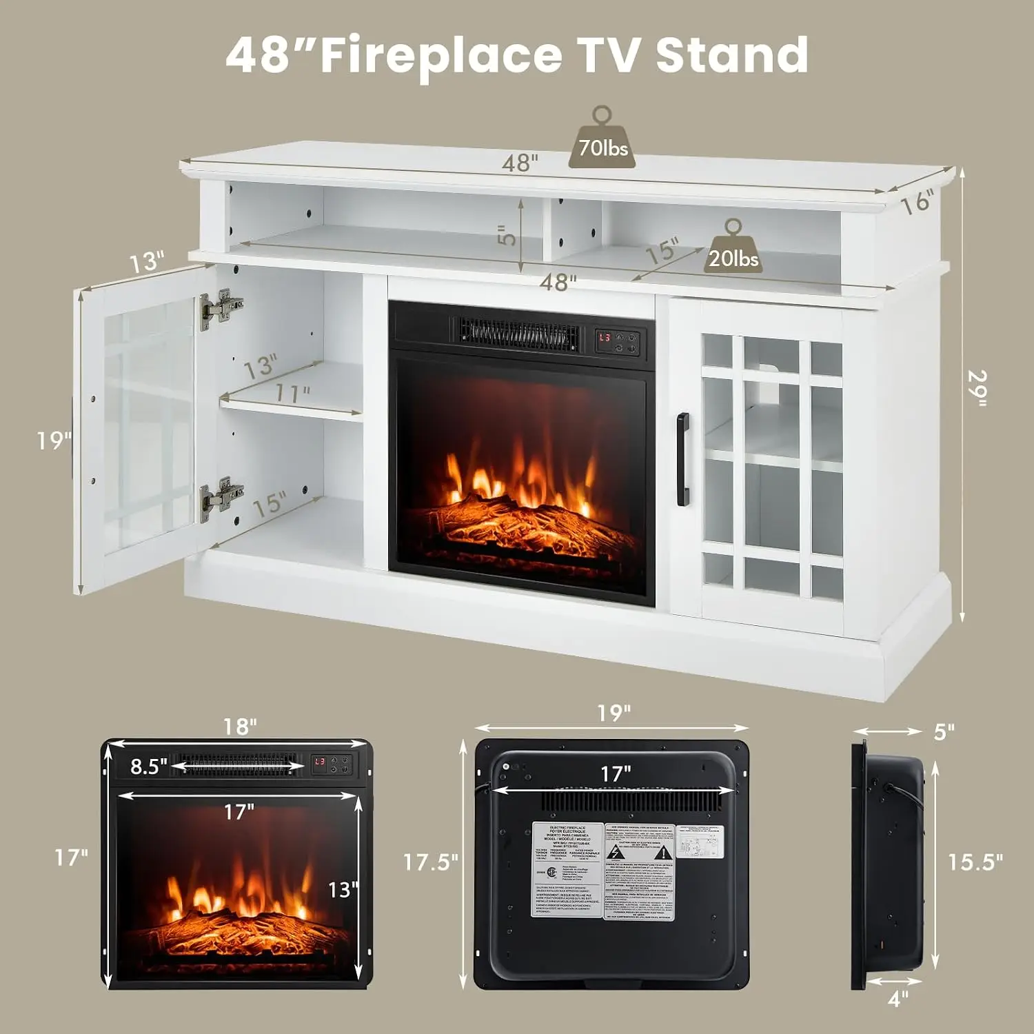 48'' TV Stand With 18'' Electric Fireplace Insert For TVs Up To 55 Inches, White, Customized