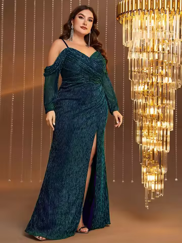 UNITHORSE Women's Shoulder Bared Long Sleeve High Slit Shiny Evening Dress Elegant Red Carpet Gown for Ladies