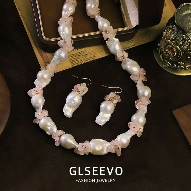 Design Natural Baroque Pearl Pink Necklace And Earring Set Versatile Jewelry