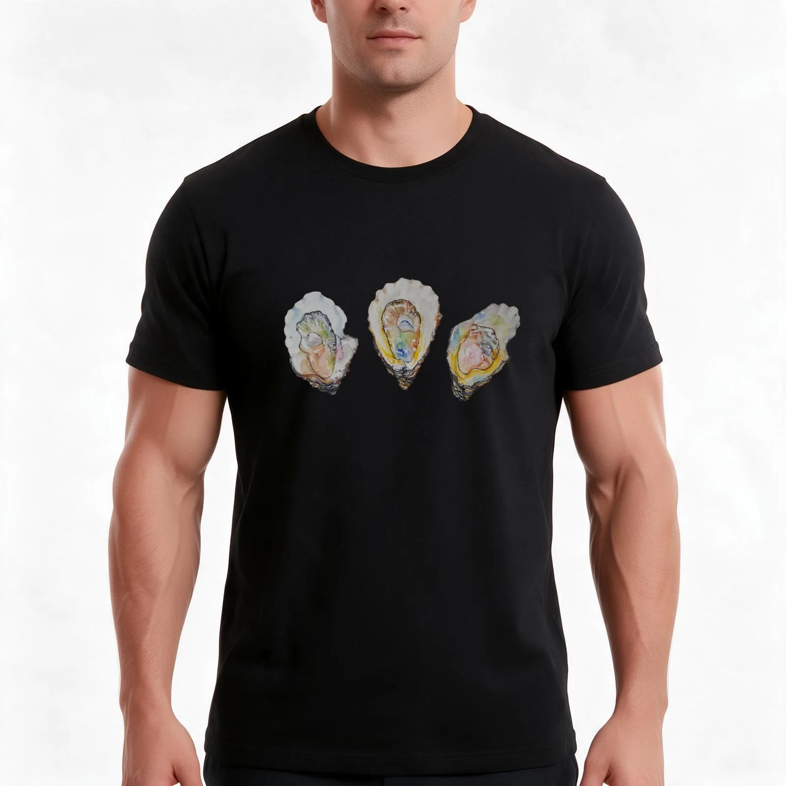 Watercolor Oysters T-Shirt, Summer Casual Cotton Tee, Oversized Streetwear Tops, Vintage Graphic Print, Loose Fit Short Sleeve