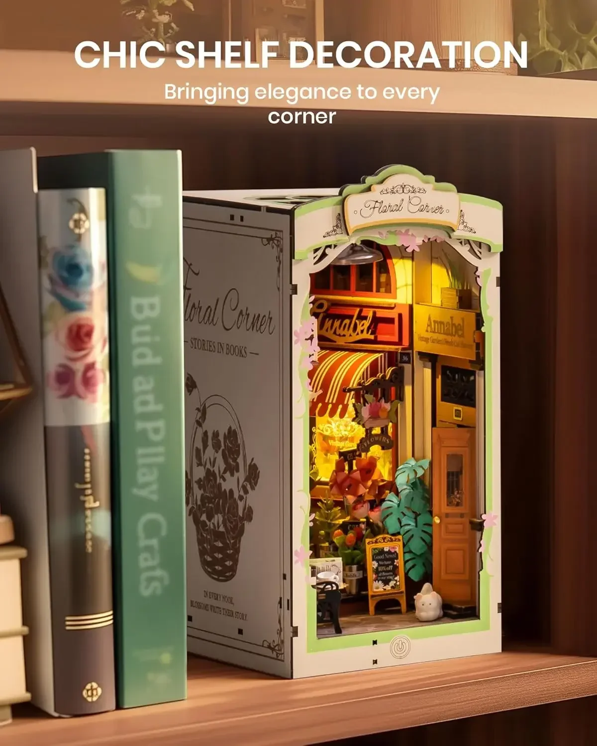 NEW Floral Corner DIY Miniature House Kit with LED Lights Book Nook Kits 3D Wooden Puzzle Book Gifts for Adults